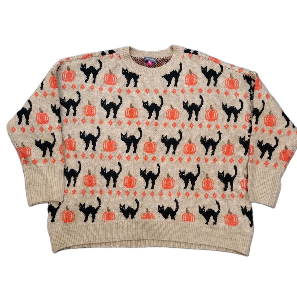 Vince Camuto Halloween Sweater Womens XL Brown Black Cat Jack O Lantern Pumpkin